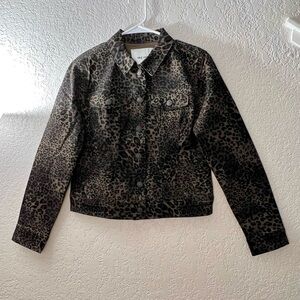 Nine West Black Brown Leopard Animal Print Denim Fall Jacket Button up Casual S